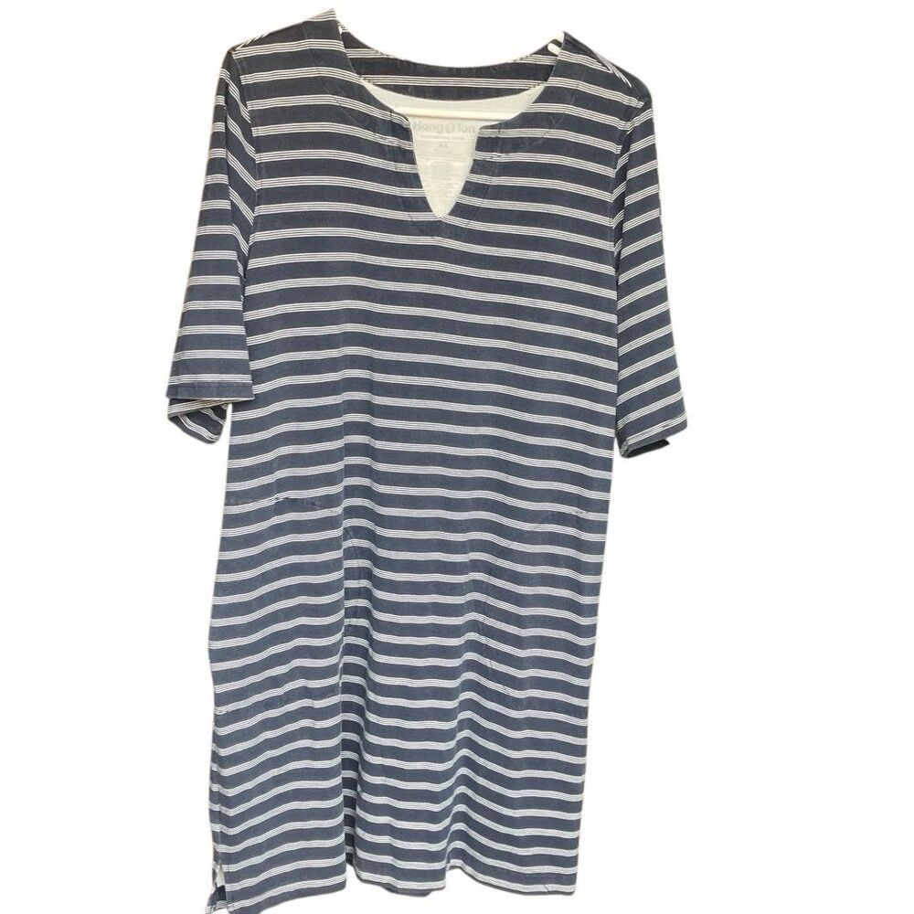 Hang Ten UV Protection V-neck Striped Knee Length Dress Pockets XL #780